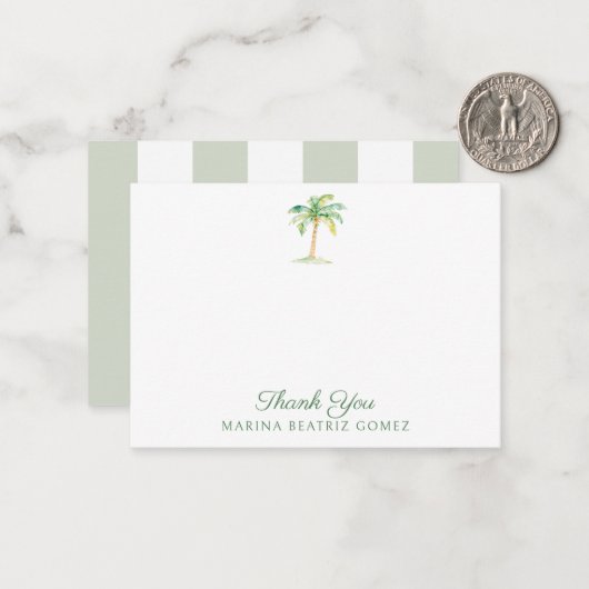 Coastal Green Cabana Stripes Palm Tree Thank You Notitiekaartje (Voorkant / Achterkant in situ)