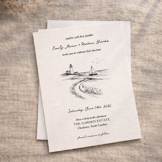 Coastal Hand Drawn Black & White Wedding Kaart