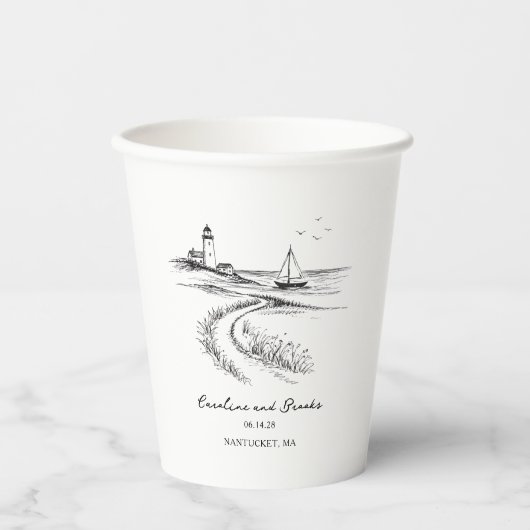Coastal Hand Drawn Black & White Wedding Papieren Bekers (Voorkant)