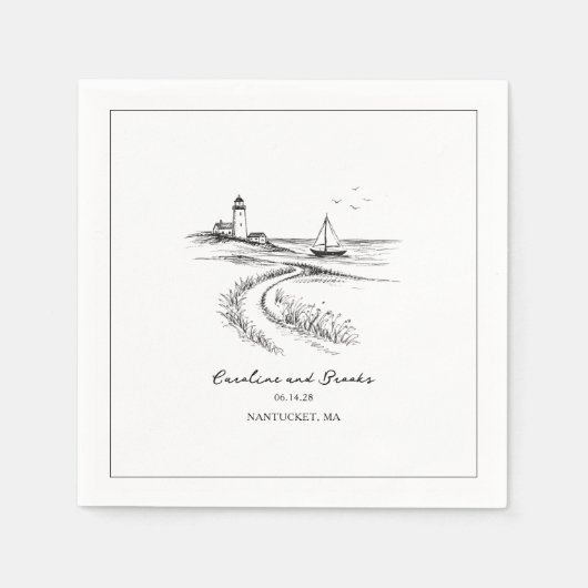 Coastal Hand Drawn Black & White Wedding Servet (Voorkant)