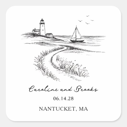 Coastal Hand Drawn Black & White Wedding Vierkante Sticker (Voorkant)