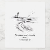 Coastal Hand Drawn Black & White Wedding Wijn Etiket (Enkel label)