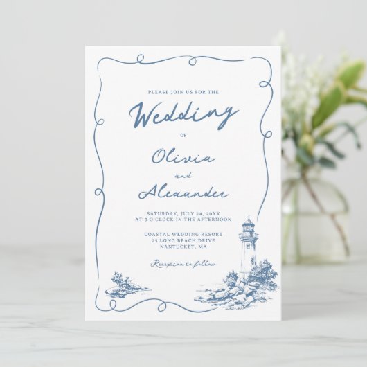 Coastal Hand Drawn Whimsical Lighthouse Wedding  Kaart (Staand voorkant)