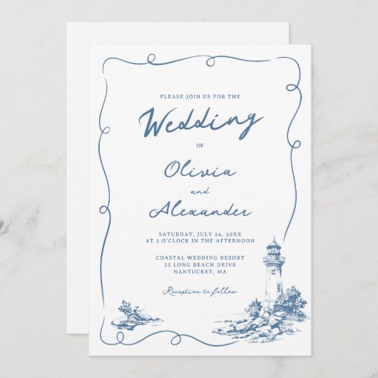 Coastal Hand Drawn Whimsical Lighthouse Wedding  Kaart (Voorkant / Achterkant)