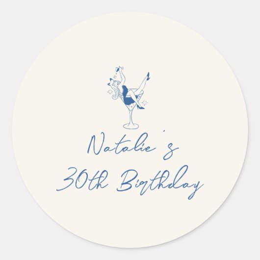 Coastal Hand Getrokken Cocktail Meisje 30e Verjaar Ronde Sticker (Voorkant)