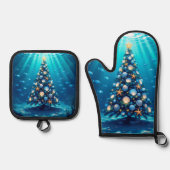Coastal Holiday Oven Mitt and Pot Holders Ovenwant & Pannenlap Set (Voorkant)