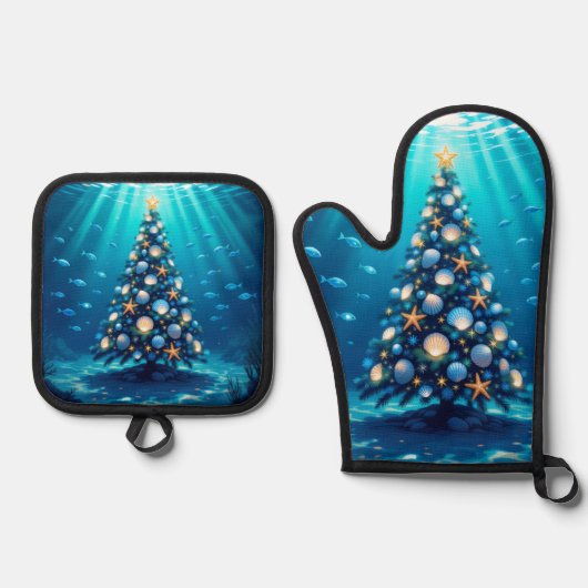 Coastal Holiday Oven Mitt and Pot Holders Ovenwant & Pannenlap Set (Voorkant)