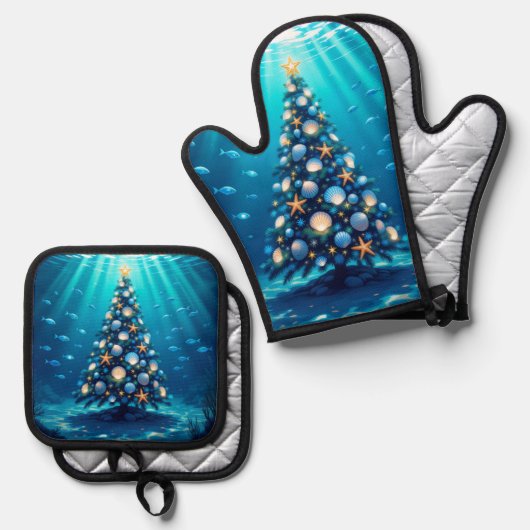 Coastal Holiday Oven Mitt and Pot Holders Ovenwant & Pannenlap Set (Voorkant / Achterkant)