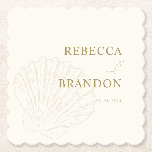 Coastal Ivory & Gold Hand Drawn Seashell Wedding Kartonnen Onderzetters (Voorkant)