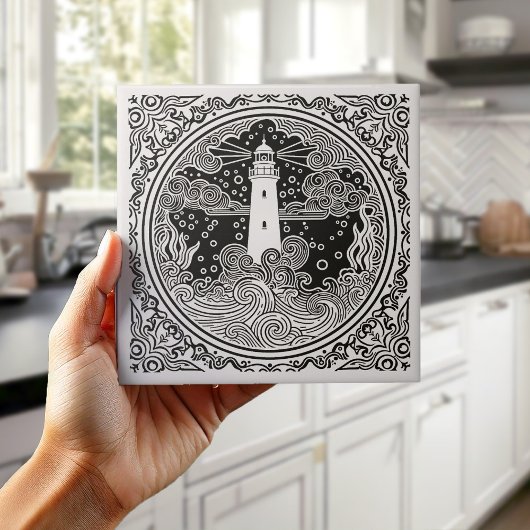 Coastal Life Series Lighthouse B & W D1208 Tegeltje