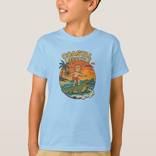 Coastal Lifestyle Gator Surfing -Retro Beach Kid's T-shirt (Voorkant)