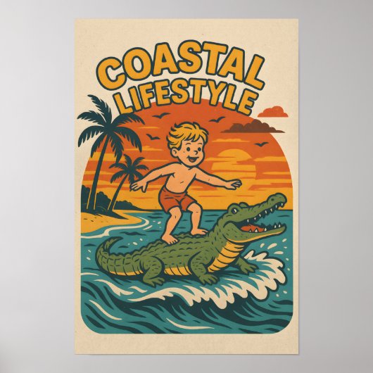 Coastal Lifestyle Gator Surfing - Retro Surf Beach Poster (Voorkant)