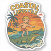 Coastal Lifestyle Gator Surfing - Retro Surf Beach Sticker (Voorkant)