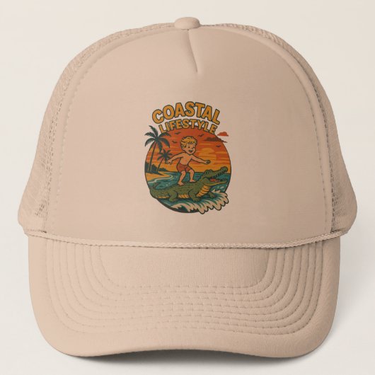 Coastal Lifestyle Gator Surfing - Retro Surf Beach Trucker Pet (Voorkant)