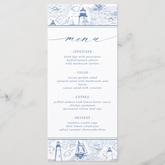 Coastal Lighthouse Blue Toile Wedding Menu (Voorkant)