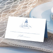 Coastal Lighthouse Blue Toile Wedding Plaatskaartje