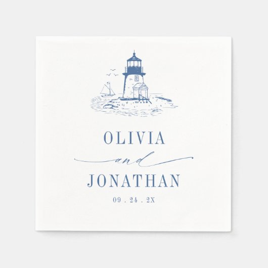 Coastal Lighthouse Blue Toile Wedding Servet (Voorkant)