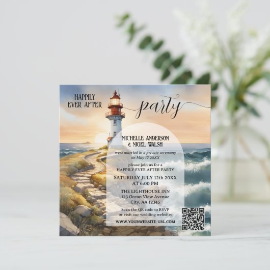 Coastal Lighthouse Happily Ever After Wedding Kaart (Staand voorkant)
