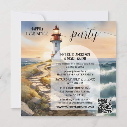 Coastal Lighthouse Happily Ever After Wedding Kaart (Voorkant)