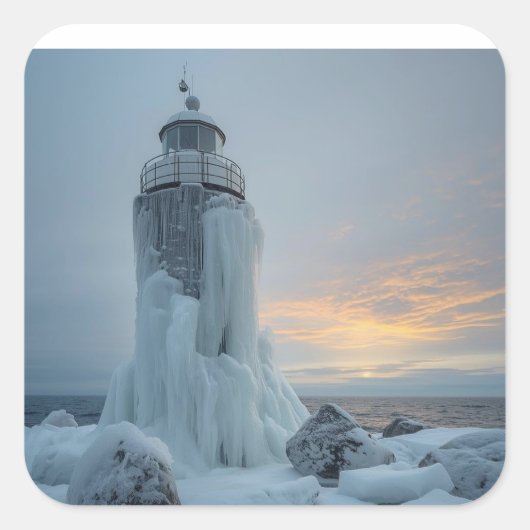 coastal lighthouse in winter storm vierkante sticker (Voorkant)
