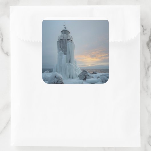 coastal lighthouse in winter storm vierkante sticker (Tas)