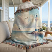 Coastal Lighthouse Seagulls Pastel Sky Serenity Deken