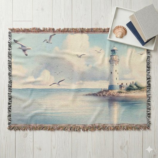 Coastal Lighthouse Seagulls Pastel Sky Serenity Deken