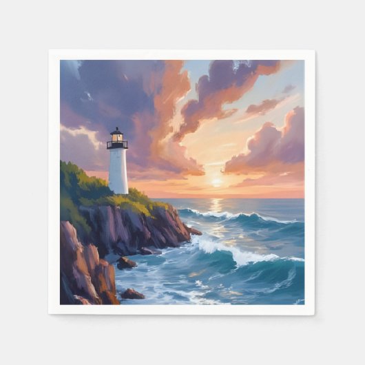 Coastal Lighthouse Sunset | Beach Ocean Painting Servet (Voorkant)