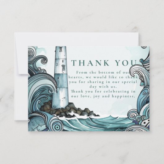 Coastal Lighthouse Wave Wedding Bedankkaart (Voorkant)