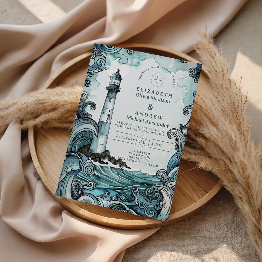 Coastal Lighthouse Wave Wedding Kaart