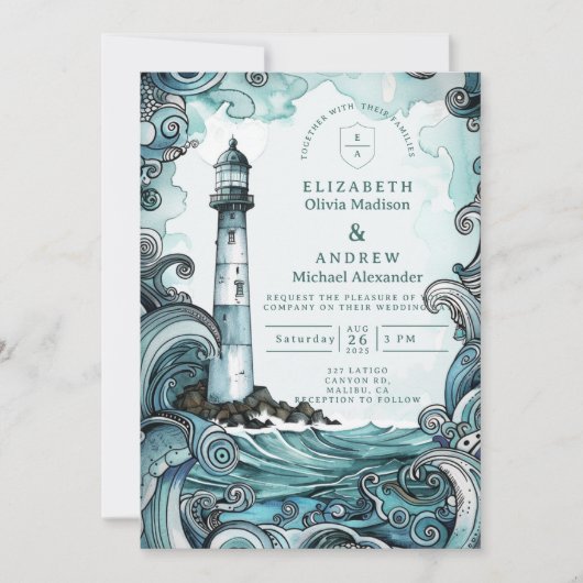 Coastal Lighthouse Wave Wedding Kaart (Voorkant)