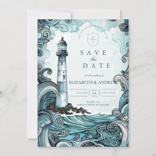 Coastal Lighthouse Wave Wedding Save The Date (Voorkant)