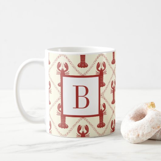 Coastal Lobster Red Cream Diamond Initial Monogram Koffiemok (Met donut)