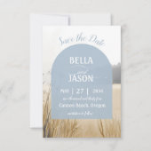 Coastal Meadow Elegant Blue Arch met Foto Terug Save The Date (Voorkant)