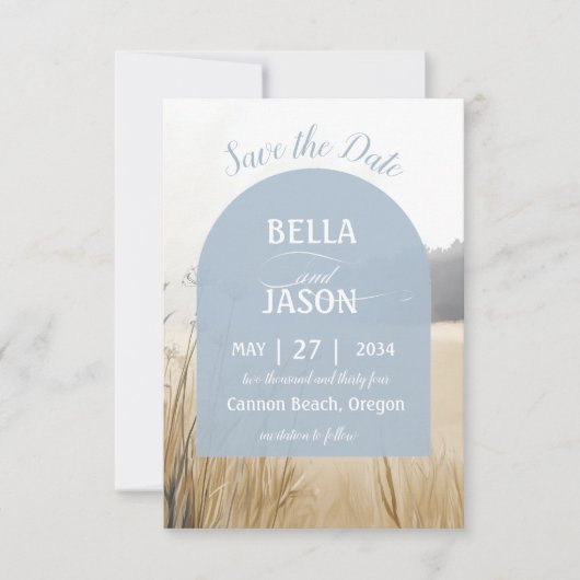 Coastal Meadow Elegant Blue Arch met Foto Terug Save The Date (Voorkant)