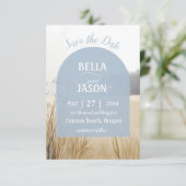 Coastal Meadow Elegant Blue Arch met Foto Terug Save The Date (Staand voorkant)