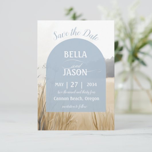 Coastal Meadow Elegant Blue Arch met Foto Terug Save The Date (Staand voorkant)