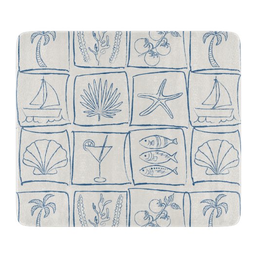 Coastal Mediterranean Faux Tile Linen Cobalt Snijplank (Voorkant)