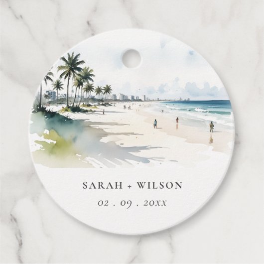 Coastal Miami Beach Palm Tree Waterverf Bruiloft Bedankjes Labels (Voorkant)