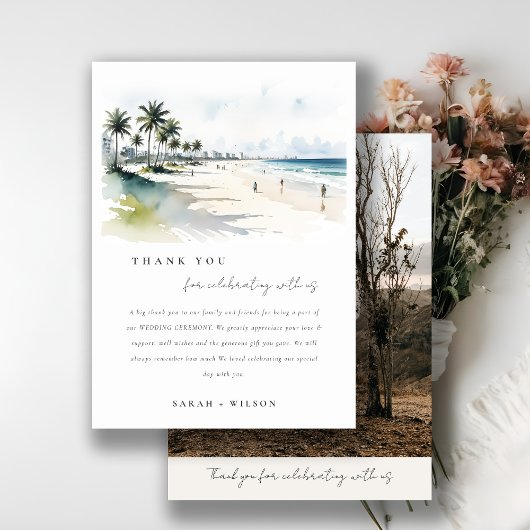 Coastal Miami Beach Palm Tree Waterverf Bruiloft Bedankkaart