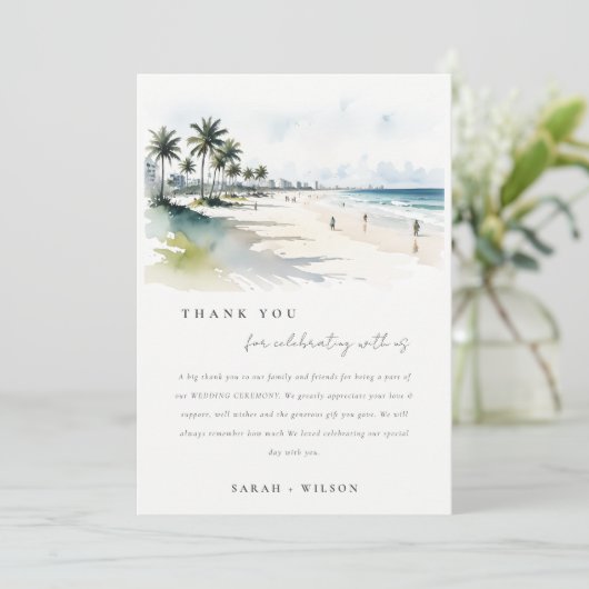 Coastal Miami Beach Palm Tree Waterverf Bruiloft Bedankkaart (Staand voorkant)
