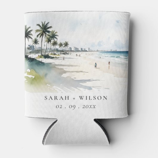 Coastal Miami Beach Palm Tree Waterverf Bruiloft Blikjeskoeler (Voorkant)