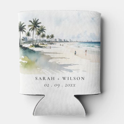 Coastal Miami Beach Palm Tree Waterverf Bruiloft Blikjeskoeler (Achterkant)
