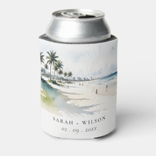 Coastal Miami Beach Palm Tree Waterverf Bruiloft Blikjeskoeler (Blikje Achterkant)
