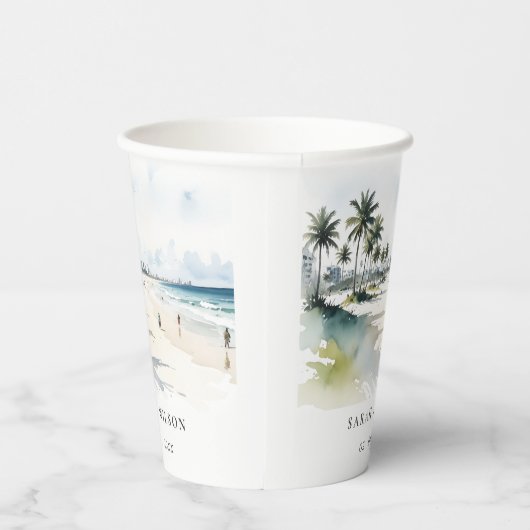Coastal Miami Beach Palm Tree Waterverf Bruiloft Papieren Bekers (Rechts)