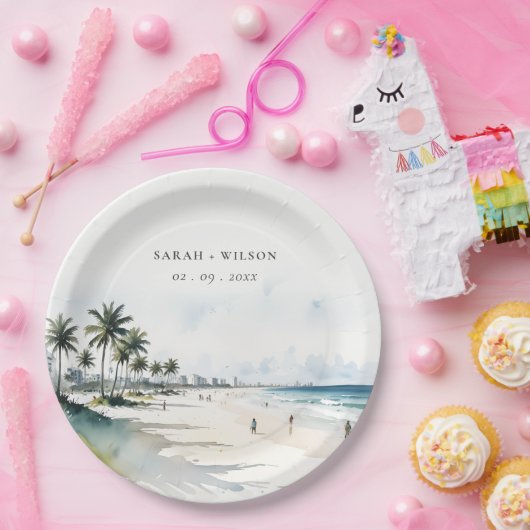 Coastal Miami Beach Palm Tree Waterverf Bruiloft Papieren Bordje (Feest)