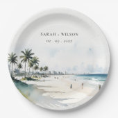 Coastal Miami Beach Palm Tree Waterverf Bruiloft Papieren Bordje (Voorkant)