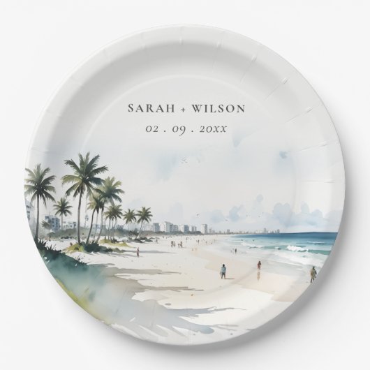 Coastal Miami Beach Palm Tree Waterverf Bruiloft Papieren Bordje (Voorkant)