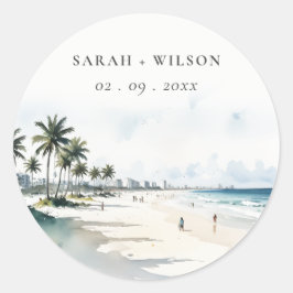 Coastal Miami Beach Palm Tree Waterverf Bruiloft Ronde Sticker