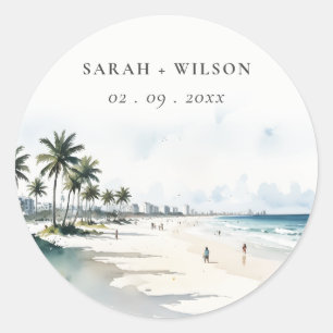 Coastal Miami Beach Palm Tree Waterverf Bruiloft Ronde Sticker